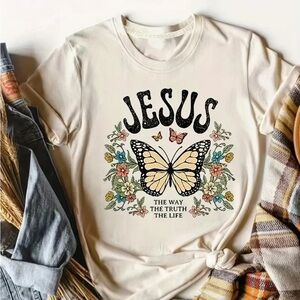 Christian Crew Neck T-Shirt Chic Vintage Butterfly Floral Top JESUS The Way